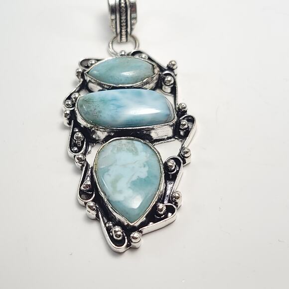 Triple Larimar Stone Silver Pendant (2") on 18" Necklace - Picture 3 of 9